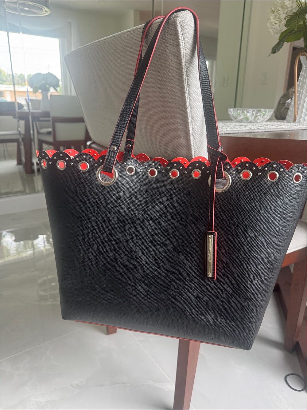 NWOT Nine West Black Tote Bag with Red/Orange Trim and scalloped studded Detail - Picture 3 of 5